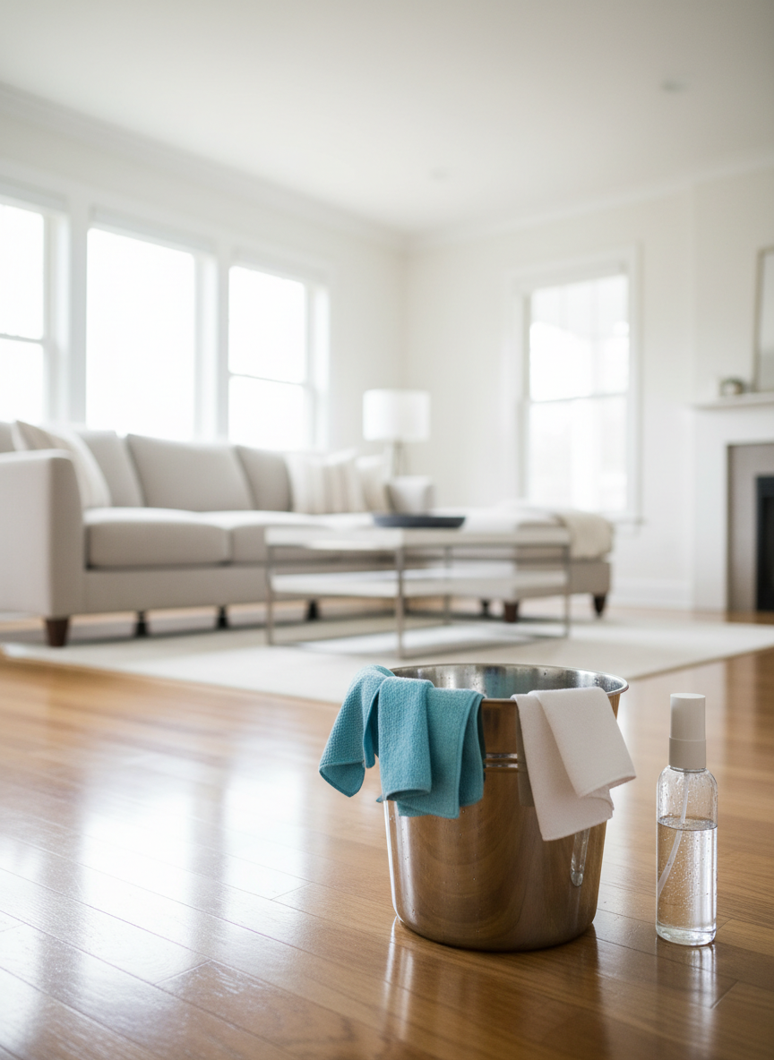 A bright, spotless open-plan living room mid-clean, with a neatly arranged cluster of high-quality cleaning tools in the foreground: a stainless-steel bucket with crystal-clear water, microfiber cloths in cool blues and whites draped over the rim, and a sleek spray bottle beading with fine droplets. The neutral-toned sofa and polished hardwood floors gleam under soft natural light pouring from large windows, casting gentle, elongated shadows. Photographic realism, shot at eye level with a slight wide-angle lens, sharp focus throughout. The atmosphere feels fresh, professional, and reassuring, emphasizing meticulous residential cleaning “near me” without any people present.