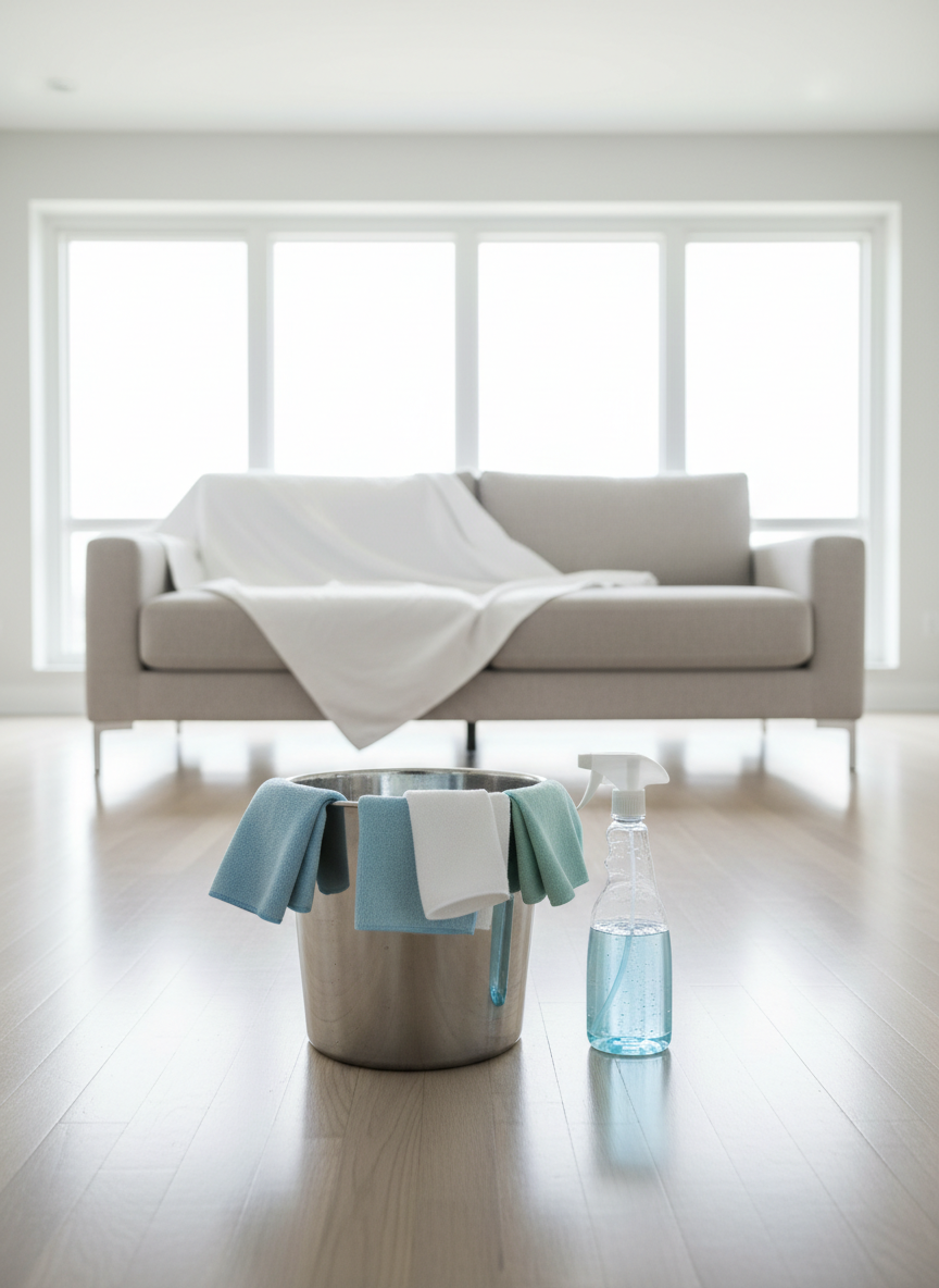 A bright, spotless open-plan living room mid-clean, with a neatly arranged cluster of high-quality cleaning tools in the foreground: a stainless-steel bucket with crystal-clear water, microfiber cloths in cool blues and whites draped over the rim, and a sleek spray bottle beading with fine droplets. The neutral-toned sofa and polished hardwood floors gleam under soft natural light pouring from large windows, casting gentle, elongated shadows. Photographic realism, shot at eye level with a slight wide-angle lens, sharp focus throughout. The atmosphere feels fresh, professional, and reassuring, emphasizing meticulous residential cleaning “near me” without any people present.
