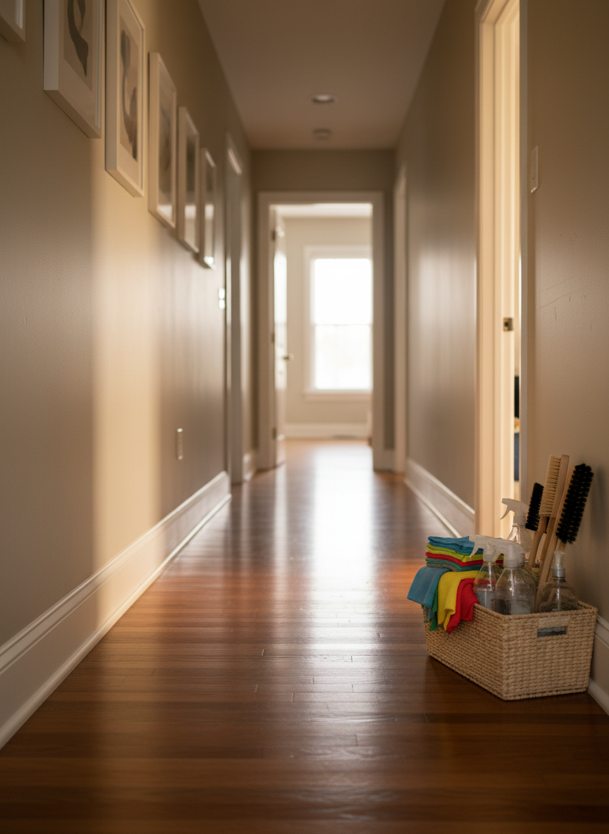 A pristine hallway in a Hammond-area home, freshly cleaned, with an open door at the end revealing a sunlit room. The polished hardwood floor subtly mirrors baseboards and simple framed artwork, free of dust or scuffs. Along one wall, an organized caddy with color-coded microfiber cloths, neatly arranged brushes, and unscented spray bottles suggests ongoing professional maintenance service. Late afternoon natural light streams through unseen windows, creating long, soft shadows and a warm, inviting glow. Photographic realism at eye level, balanced composition with strong leading lines down the corridor, conveying reliability, local service, and a sense of calm order without any human presence.