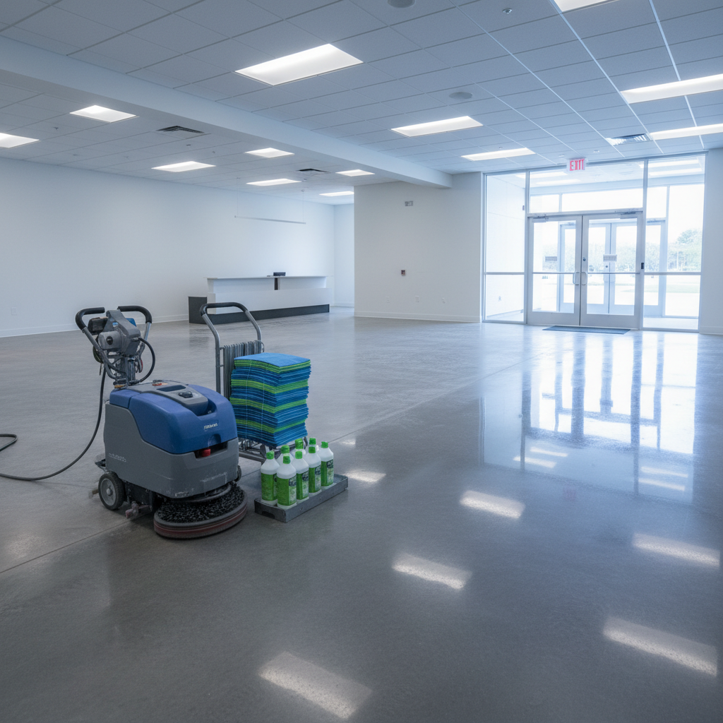 A modern Baton Rouge office reception area in the midst of professional cleaning, captured in photographic realism. The scene shows a glossy tiled floor half-polished, with one side still dull and the other side reflecting overhead recessed lights and a distant glass entrance. A compact, commercial-grade floor scrubber, stacked microfiber pads, and neatly lined eco-friendly cleaning bottles occupy the lower third of the frame. Cool, even lighting from both ceiling fixtures and daylight through glass doors creates a crisp, businesslike mood. Shot from a slightly elevated corner angle for a spacious feel, highlighting commercial cleaning in progress with no people visible.