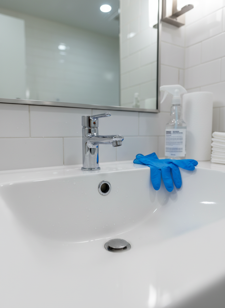 A detailed close-up of a commercial restroom sink area during a professional sanitizing service. The white porcelain basin and chrome faucet gleam under bright, cool overhead lighting, with tiny beads of water and subtle reflections adding realism. In the foreground, a gloved hand is implied only through the presence of a neatly folded nitrile glove beside a stack of fresh folded paper towels and a disinfectant bottle with non-readable labeling. The mirror above shows a spotless, streak-free surface and a hint of clean tiled walls. Shot from a slightly low angle for depth, shallow depth of field keeping attention on the sink area, photographic, clinical yet reassuring mood highlighting hygiene and thoroughness.