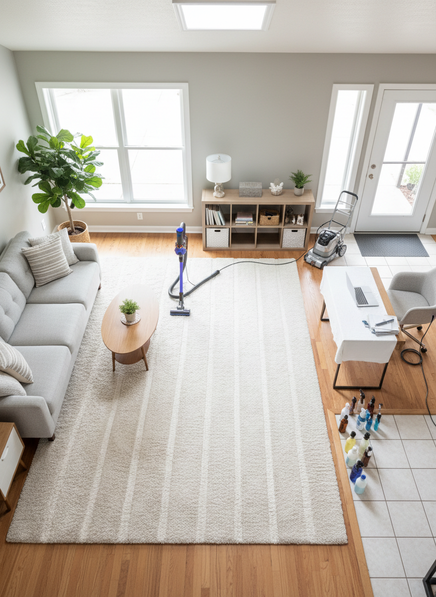 An expansive bird’s-eye view of a mixed-use Baton Rouge property: a tidy residential living area flowing into a compact storefront-style office nook, both clearly mid-clean. On the residential side, a plush rug is half-vacuumed, with distinct lines showing cleaned and yet-to-be-cleaned areas. On the commercial side, a small desk area has dusting tools and organized cleaning sprays lined up. Soft, diffused daylight from multiple windows brightens the space, giving a calm, professional atmosphere. Photographic realism with clear separation of zones, emphasizing that the same meticulous cleaning service handles both home and small business environments, without any people or branding text.