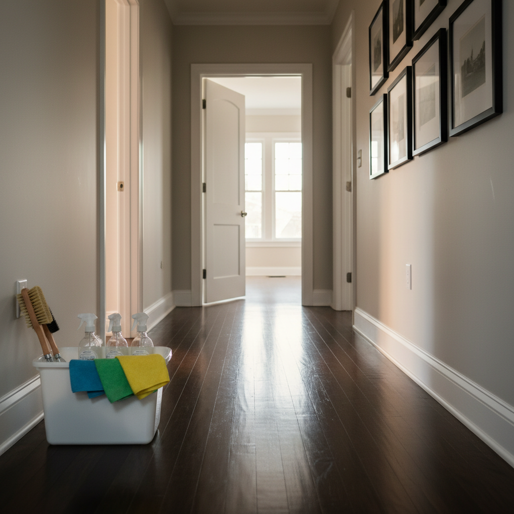 A pristine hallway in a Hammond-area home, freshly cleaned, with an open door at the end revealing a sunlit room. The polished hardwood floor subtly mirrors baseboards and simple framed artwork, free of dust or scuffs. Along one wall, an organized caddy with color-coded microfiber cloths, neatly arranged brushes, and unscented spray bottles suggests ongoing professional maintenance service. Late afternoon natural light streams through unseen windows, creating long, soft shadows and a warm, inviting glow. Photographic realism at eye level, balanced composition with strong leading lines down the corridor, conveying reliability, local service, and a sense of calm order without any human presence.