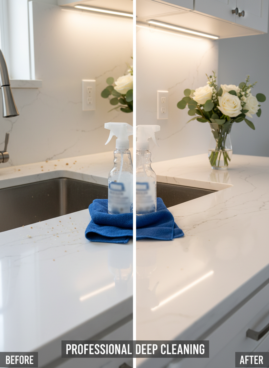A dramatic before-and-after split view of a Baton Rouge kitchen countertop, rendered in realistic photographic style. On the left, the marble surface appears smudged with faint streaks and crumbs near a stainless-steel sink. On the right, the same counter shines flawlessly, reflecting under-cabinet LED lighting and a small vase of fresh white flowers. A blue microfiber cloth and a labeled but unreadable spray bottle rest between the two halves, symbolizing professional deep cleaning "the right way." Captured from a slightly overhead angle, the composition uses the rule of thirds and sharp focus to emphasize transformation, cleanliness, and attention to detail.