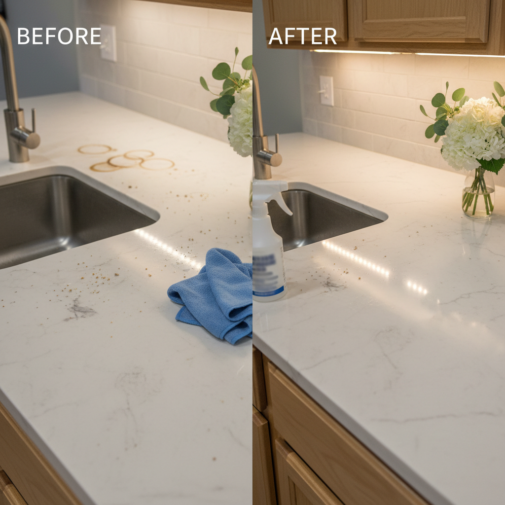 A dramatic before-and-after split view of a Baton Rouge kitchen countertop, rendered in realistic photographic style. On the left, the marble surface appears smudged with faint streaks and crumbs near a stainless-steel sink. On the right, the same counter shines flawlessly, reflecting under-cabinet LED lighting and a small vase of fresh white flowers. A blue microfiber cloth and a labeled but unreadable spray bottle rest between the two halves, symbolizing professional deep cleaning "the right way." Captured from a slightly overhead angle, the composition uses the rule of thirds and sharp focus to emphasize transformation, cleanliness, and attention to detail.