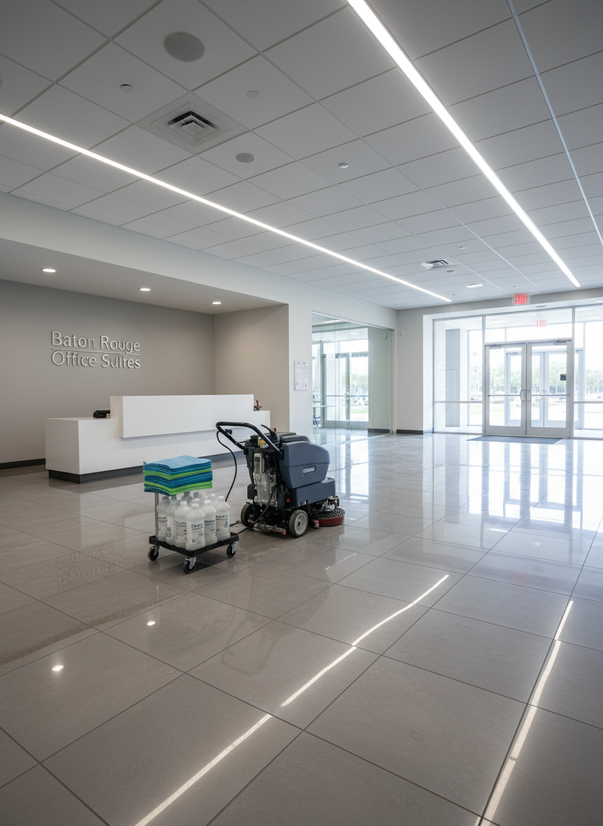 A modern Baton Rouge office reception area in the midst of professional cleaning, captured in photographic realism. The scene shows a glossy tiled floor half-polished, with one side still dull and the other side reflecting overhead recessed lights and a distant glass entrance. A compact, commercial-grade floor scrubber, stacked microfiber pads, and neatly lined eco-friendly cleaning bottles occupy the lower third of the frame. Cool, even lighting from both ceiling fixtures and daylight through glass doors creates a crisp, businesslike mood. Shot from a slightly elevated corner angle for a spacious feel, highlighting commercial cleaning in progress with no people visible.
