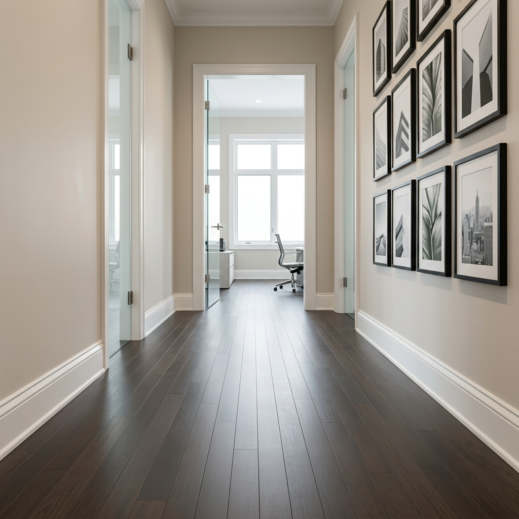 A pristine hallway in a Hammond-area home, freshly cleaned, with an open door at the end revealing a sunlit room. The polished hardwood floor subtly mirrors baseboards and simple framed artwork, free of dust or scuffs. Along one wall, an organized caddy with color-coded microfiber cloths, neatly arranged brushes, and unscented spray bottles suggests ongoing professional maintenance service. Late afternoon natural light streams through unseen windows, creating long, soft shadows and a warm, inviting glow. Photographic realism at eye level, balanced composition with strong leading lines down the corridor, conveying reliability, local service, and a sense of calm order without any human presence.